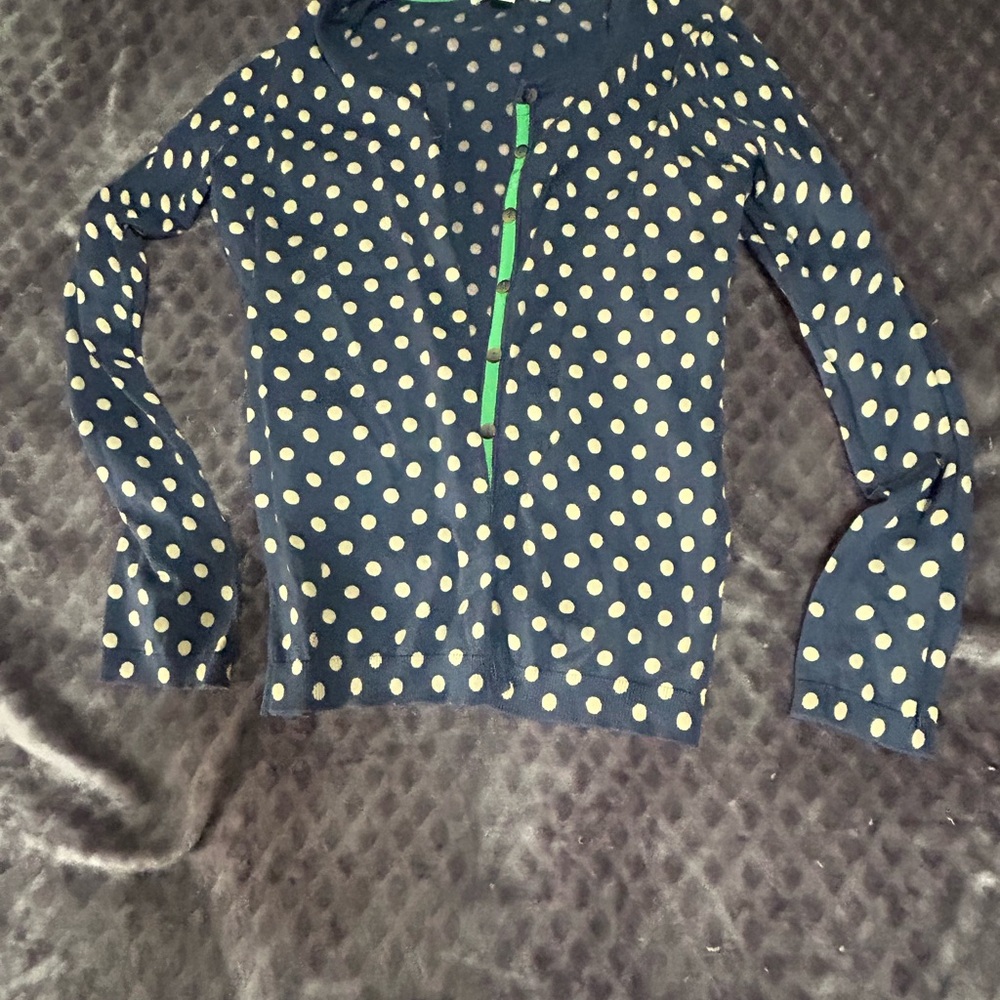 Boden Navy Sweater with Cream Spots and Green Edging
